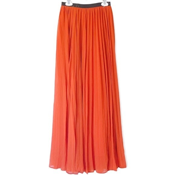 Abercrombie & Fitch Pleated Flared Faux Leather Waisted Orange Maxi Skirt XS - Picture 1 of 5